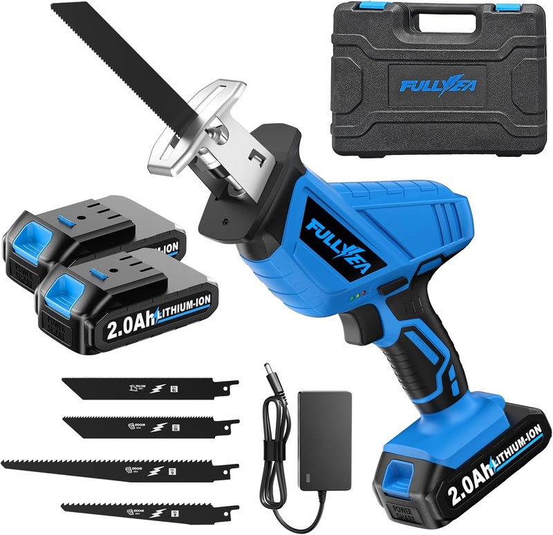 FULLYEA Reciprocating Saw Cordless, 0-3500SPM Variable Speed Reciprocating Saws with 2 Batteries, 4 Saw Blades, Tool-Free Blade Change, Electric Reciprocating Saws for Woods/Metal/Plastic Cutting,Blue - Image 1